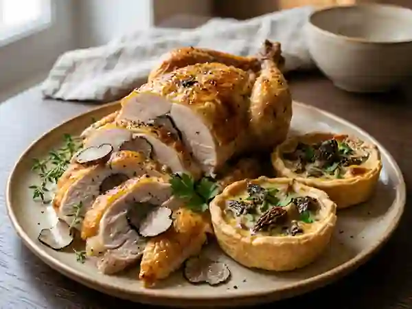 Chapon truffé et tartelettes crémeuses aux morilles - Photo de présentation