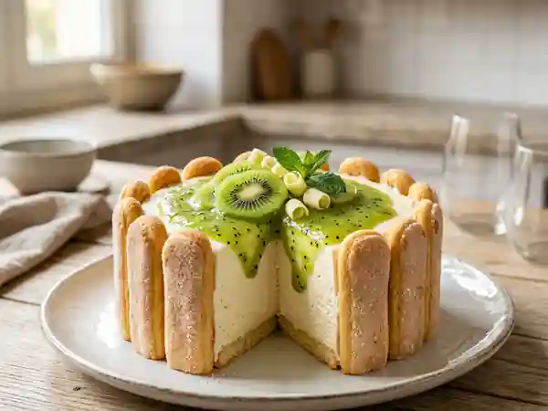 Charlotte au chocolat blanc onctueuse et coulis de kiwis frais - Photo de présentation