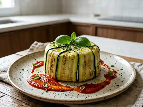Charlotte de courgettes aux fromages frais et coulis de poivrons rouges - Photo de présentation