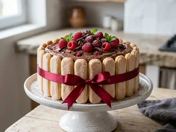 Charlotte gourmande au chocolat et framboises fraîches - Photo de présentation