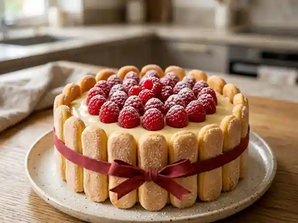 Charlotte gourmande aux framboises et crème pâtissière onctueuse - Photo de présentation