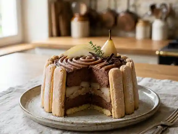 Charlotte royale mousse au chocolat, poire et crème de marrons : dessert gourmand et raffiné - Photo de présentation