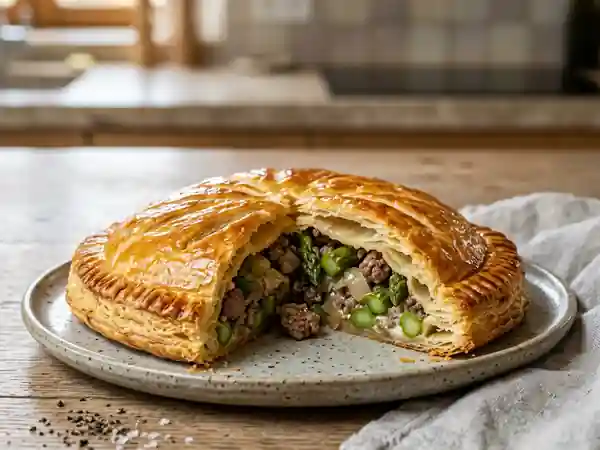 Chausson gourmand à la viande hachée et asperges fraîches - Photo de présentation