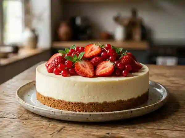 Cheesecake crémeux aux fraises et groseilles fraîches - Photo de présentation