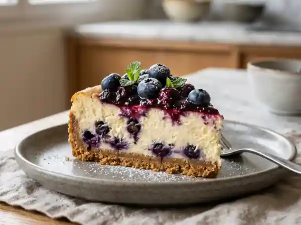 Cheesecake crémeux aux myrtilles fraîches - Photo de présentation