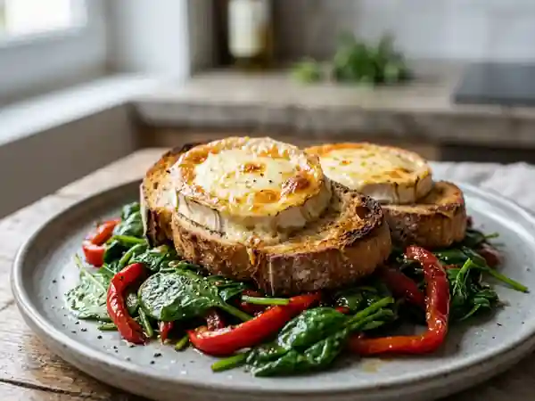 Chèvre chaud gourmand et salade tiède d'épinards aux poivrons confits - Photo de présentation