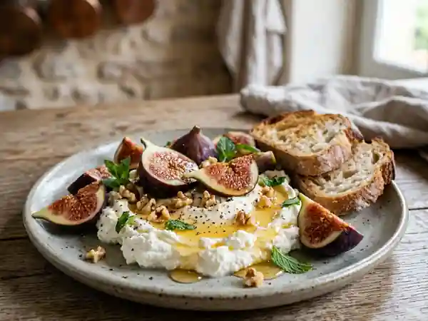 Chèvre frais, figues fondantes et éclats de noix - Photo de présentation