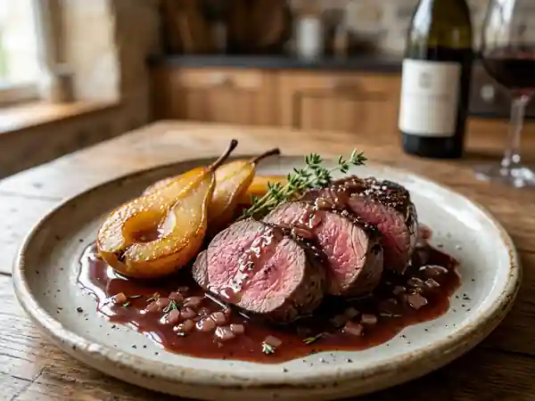 Chevreuil aux poires fondantes et sauce au vin rouge - Photo de présentation
