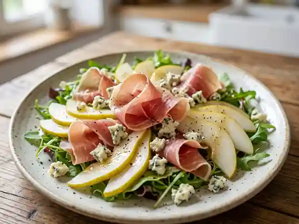 Salade au jambon cru, poires et Roquefort fondant - Photo de présentation
