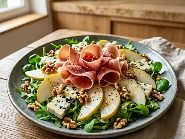 Chiffonnade de jambon, poire et roquefort : entrée fraîche et gourmande - Photo de présentation