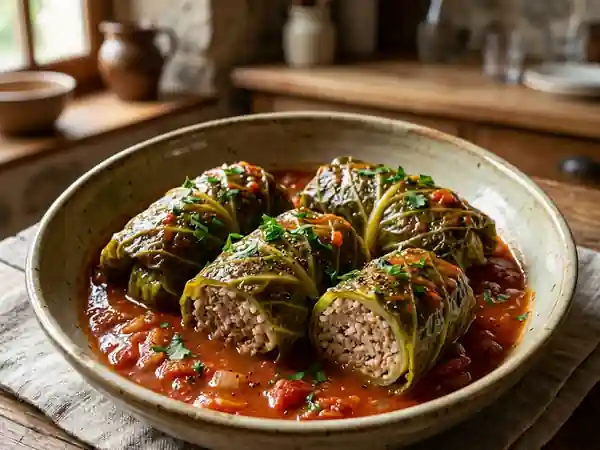 Chou farci fondant au porc et sauce tomate - Photo de présentation