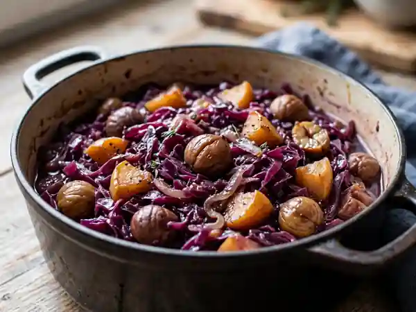 Chou rouge mijoté aux marrons et pommes en cocotte - Photo de présentation
