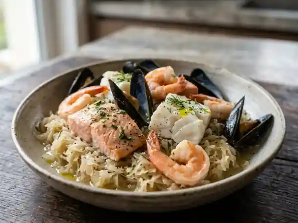 Choucroute de la mer savoureuse aux poissons et fruits de mer - Photo de présentation