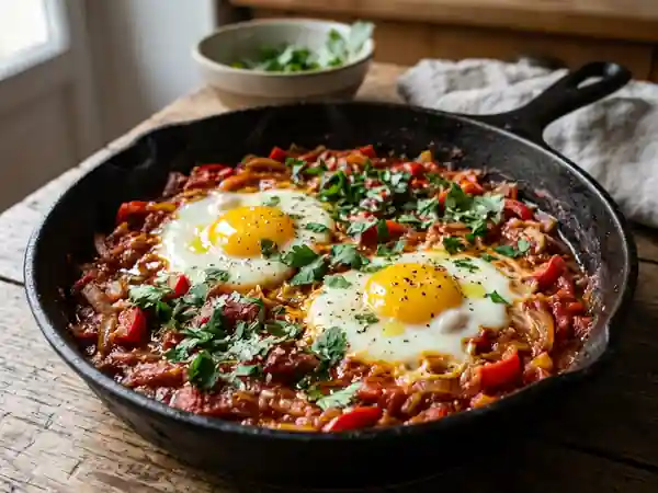 Choukchouka aux œufs coulants et tomates confites - Photo de présentation