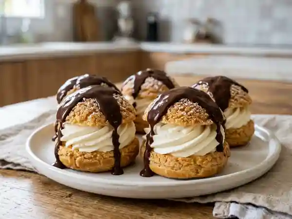 Choux à la Chantilly Maison Nappés de Chocolat Chaud Fondant - Photo de présentation