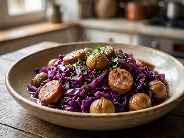 Chou rouge braisé, saucisses et marrons fondants - Photo de présentation