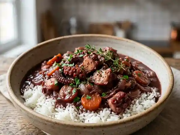 Civet de poulpe fondant au vin rouge - Photo de présentation