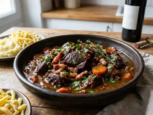Sanglier fondant au vin rouge et lardons - Photo de présentation