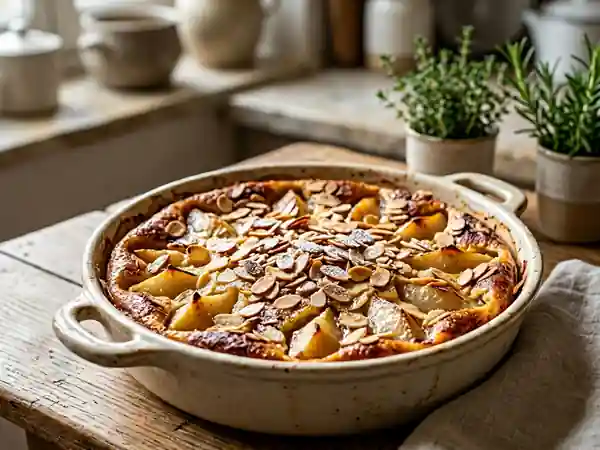 Clafoutis fondant poire, miel et amandes grillées - Photo de présentation
