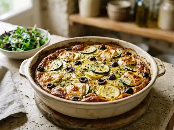 Clafoutis fondant courgette, chèvre et olives - Photo de présentation