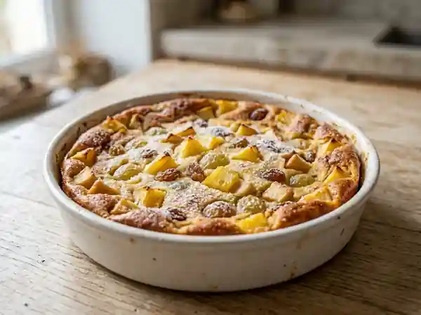 Clafoutis gourmand à l'ananas, raisin et pommes - Photo de présentation