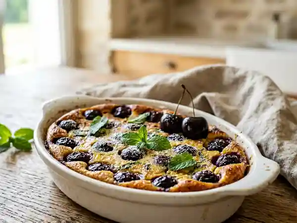 Clafoutis gourmand aux cerises noires et menthe fraîche - Photo de présentation
