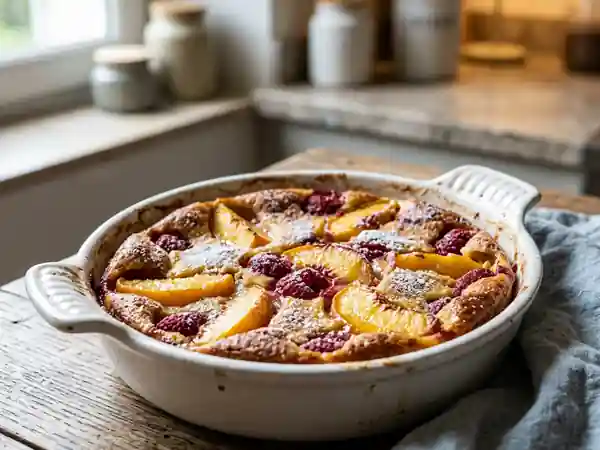 Clafoutis gourmand aux pêches juteuses et framboises acidulées - Photo de présentation