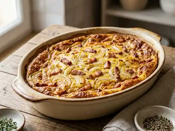 Clafoutis fondant aux oignons et lardons fumés - Photo de présentation