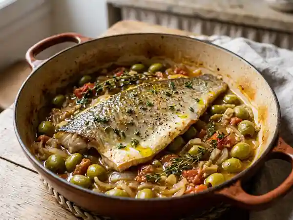 Cocotte de mulet fondant aux olives - Photo de présentation