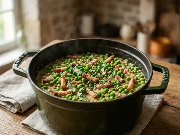 Cocotte de petits pois crémeuse aux lardons - Photo de présentation