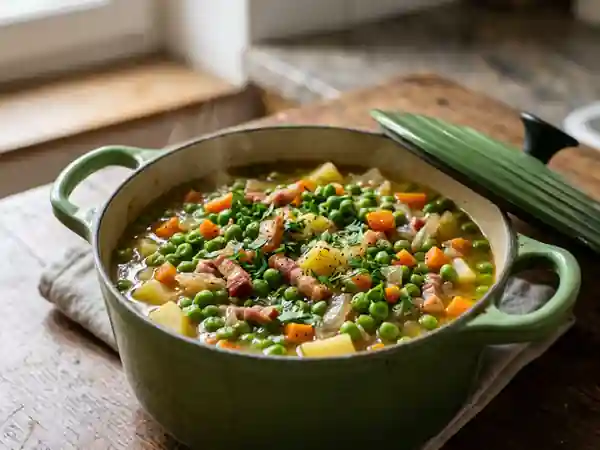 Cocotte de petits pois fondants aux lardons - Photo de présentation