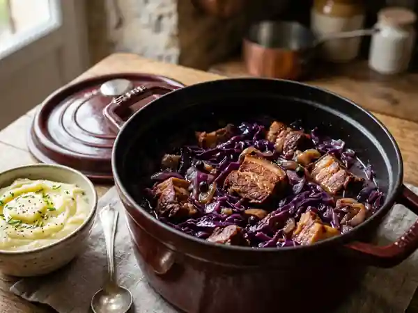 Cocotte savoureuse de chou rouge au carré de porc fumé - Photo de présentation