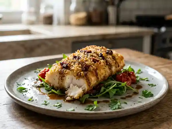 Coeur de cabillaud pané aux tomates séchées et sa vinaigrette balsamique tiède - Photo de présentation
