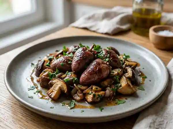 Cœurs de canard saisis aux cèpes persillés - Photo de présentation