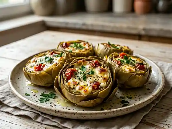 Coeurs d'artichauts farcis à la mode grecque façon saganaki - Photo de présentation