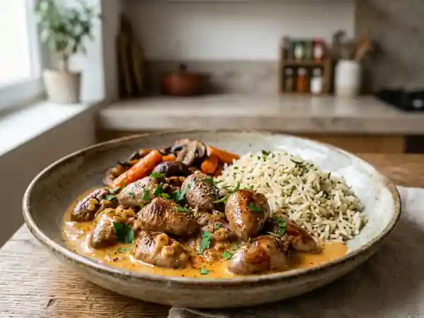 Coeurs de volaille flambés, sauce onctueuse - Photo de présentation