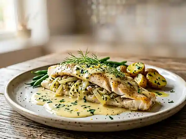 Colin farci au fenouil, sauce citronnée - Photo de présentation