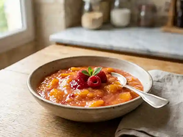 Compote de pêches maison à la gelée de framboise gourmande - Photo de présentation