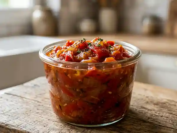 Compote maison de poivrons rouges et tomates fraîches - Photo de présentation