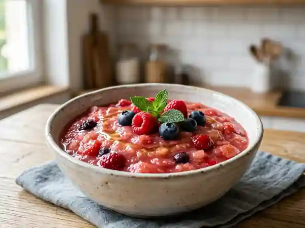 Compote rose maison aux pommes et fruits rouges - Photo de présentation
