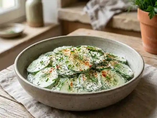 Salade de concombre crémeuse aux herbes fraîches - Photo de présentation