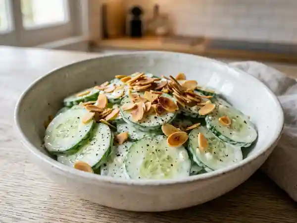 Concombres frais à la sauce blanche onctueuse et amandes croquantes - Photo de présentation