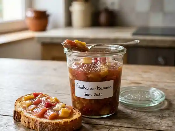 Confiture fondante rhubarbe et banane sucrée - Photo de présentation