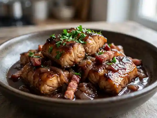 Congre mijoté au vin rouge et lard fumé - Photo de présentation
