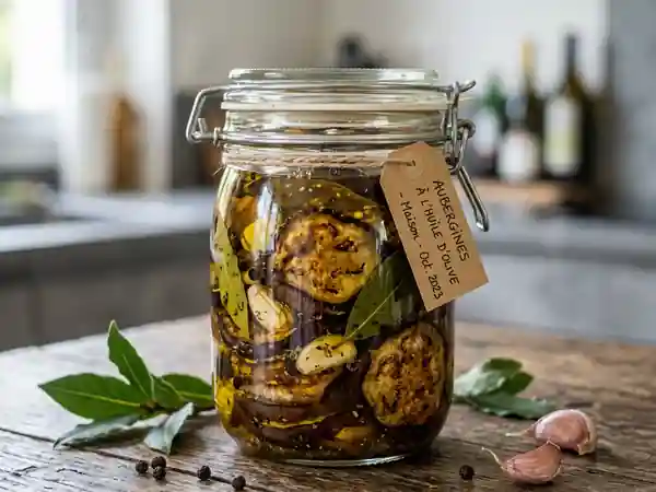Conserve maison d'aubergines à l'huile d'olive parfumée - Photo de présentation
