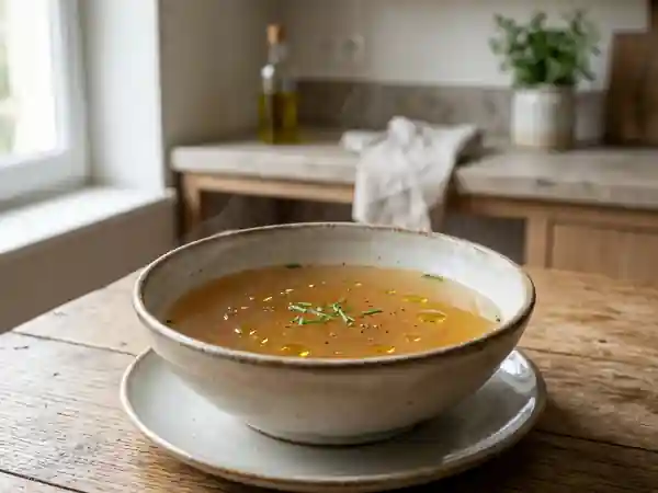 Consommé à l'ail doux facile : soupe claire savoureuse et réconfortante - Photo de présentation