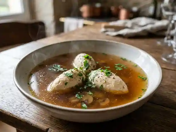 Consommé de champignons et quenelles fondantes - Photo de présentation