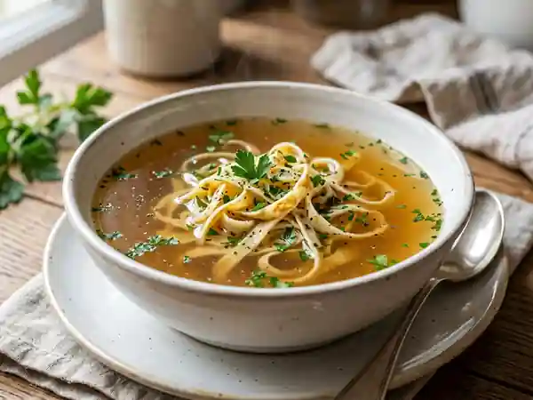 Consommé de volaille et rubans de crêpes - Photo de présentation