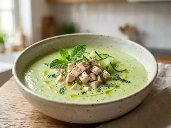 Consommé frais de concombre et poulet fondant - Photo de présentation