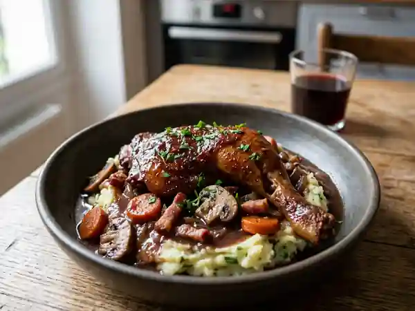 Coq au Chambertin : Recette traditionnelle mijotée au vin rouge de Bourgogne - Photo de présentation